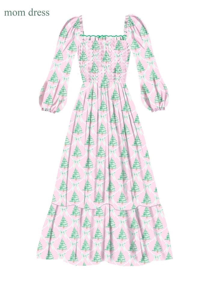 Pink Christmas Tree hand smock mom dress ETA SEPT (Copy)