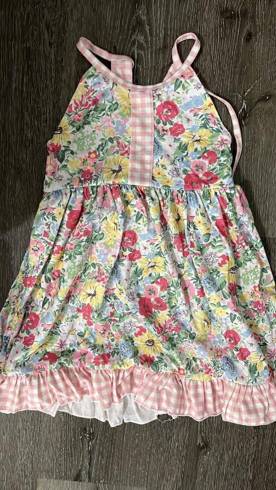 Gingham bow floral dress RTS