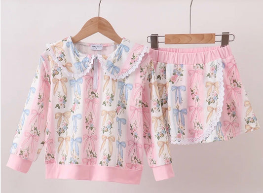 Pink bow lace skort set