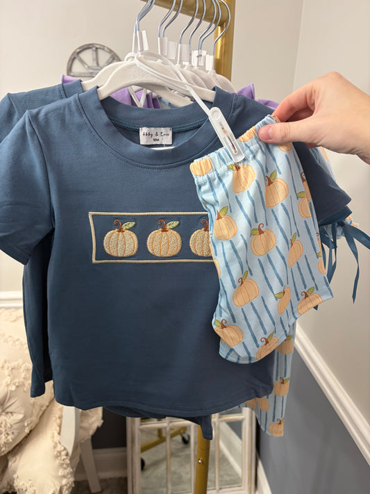 Blue & Orange boys pumpkin shorts set
