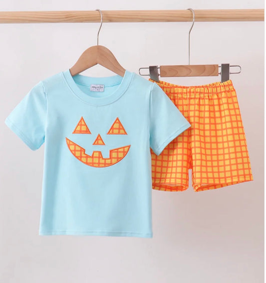 Blue & orange jack o lantern shorts set