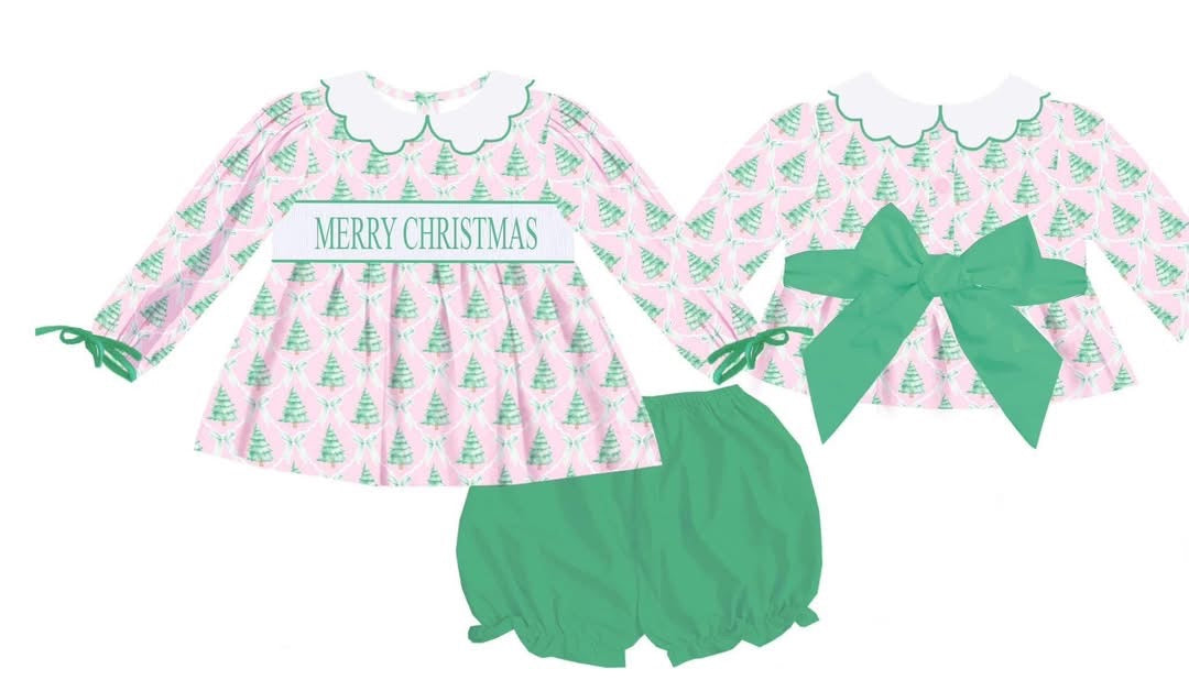 Pink Christmas Tree hand smock Bloomer Set ETA SEPT
