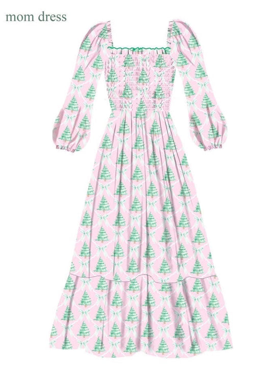 Pink Christmas Tree hand smock mom dress ETA SEPT (Copy)