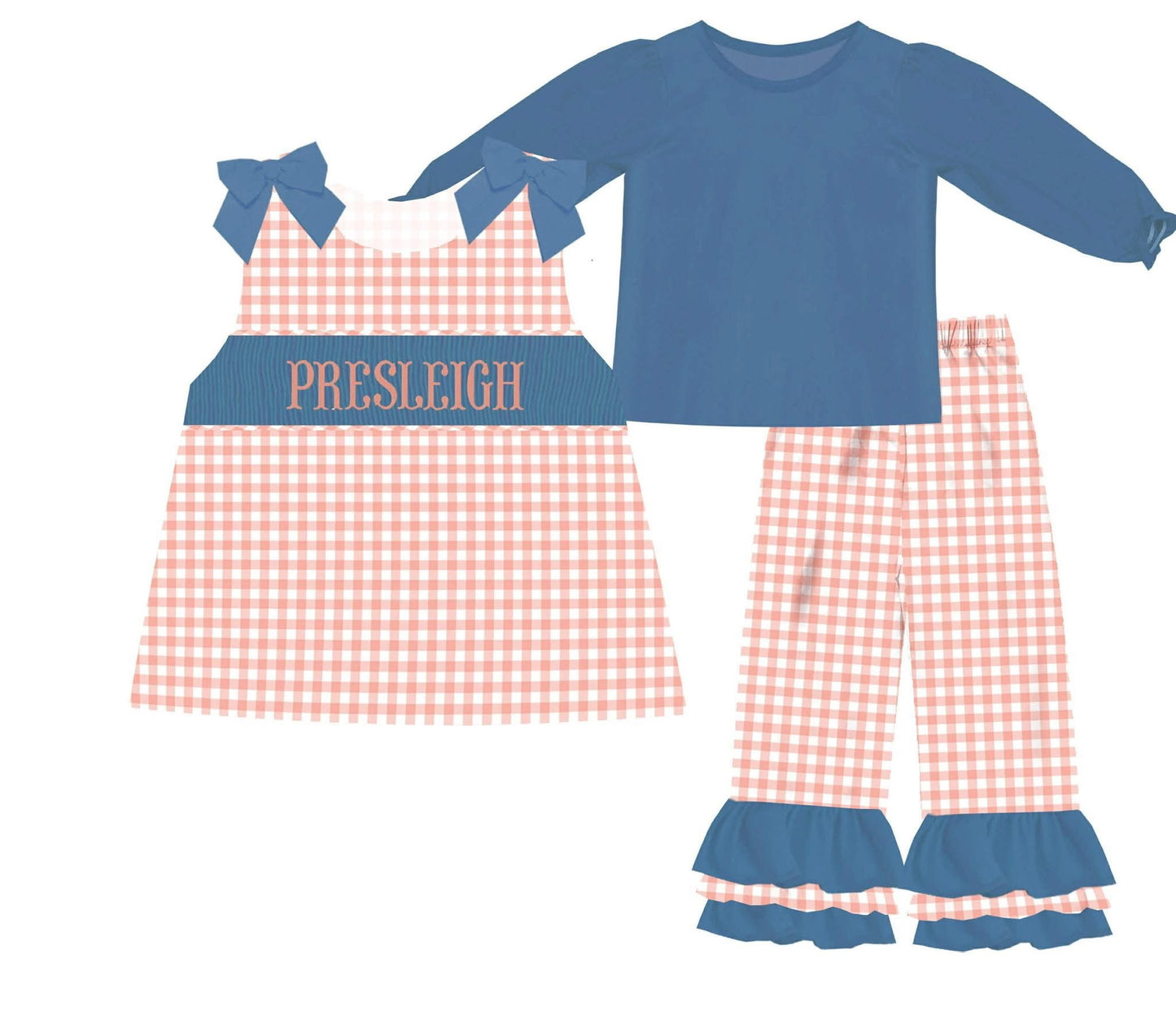 Blue Gingham Girls Pants Set hand smocked ETA OCT