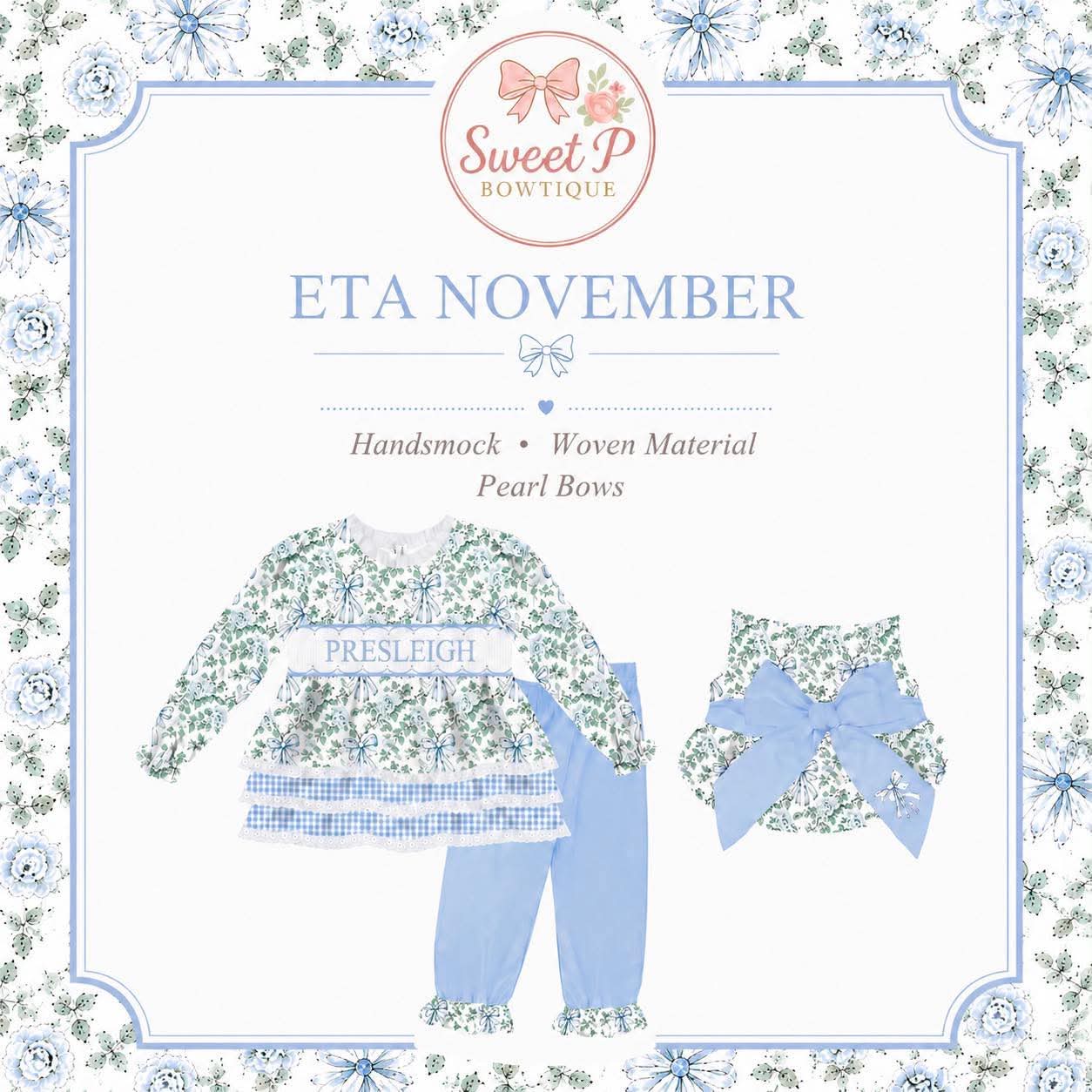 Blue Gingham Floral Pants hand smocked ETA NOV