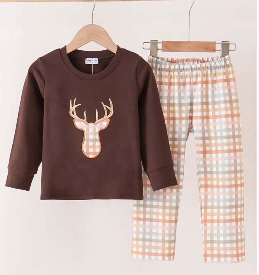 Brown gingham deer pants set