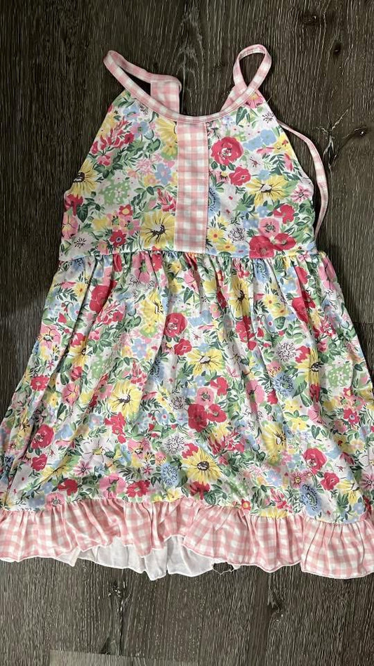 Gingham bow floral dress RTS